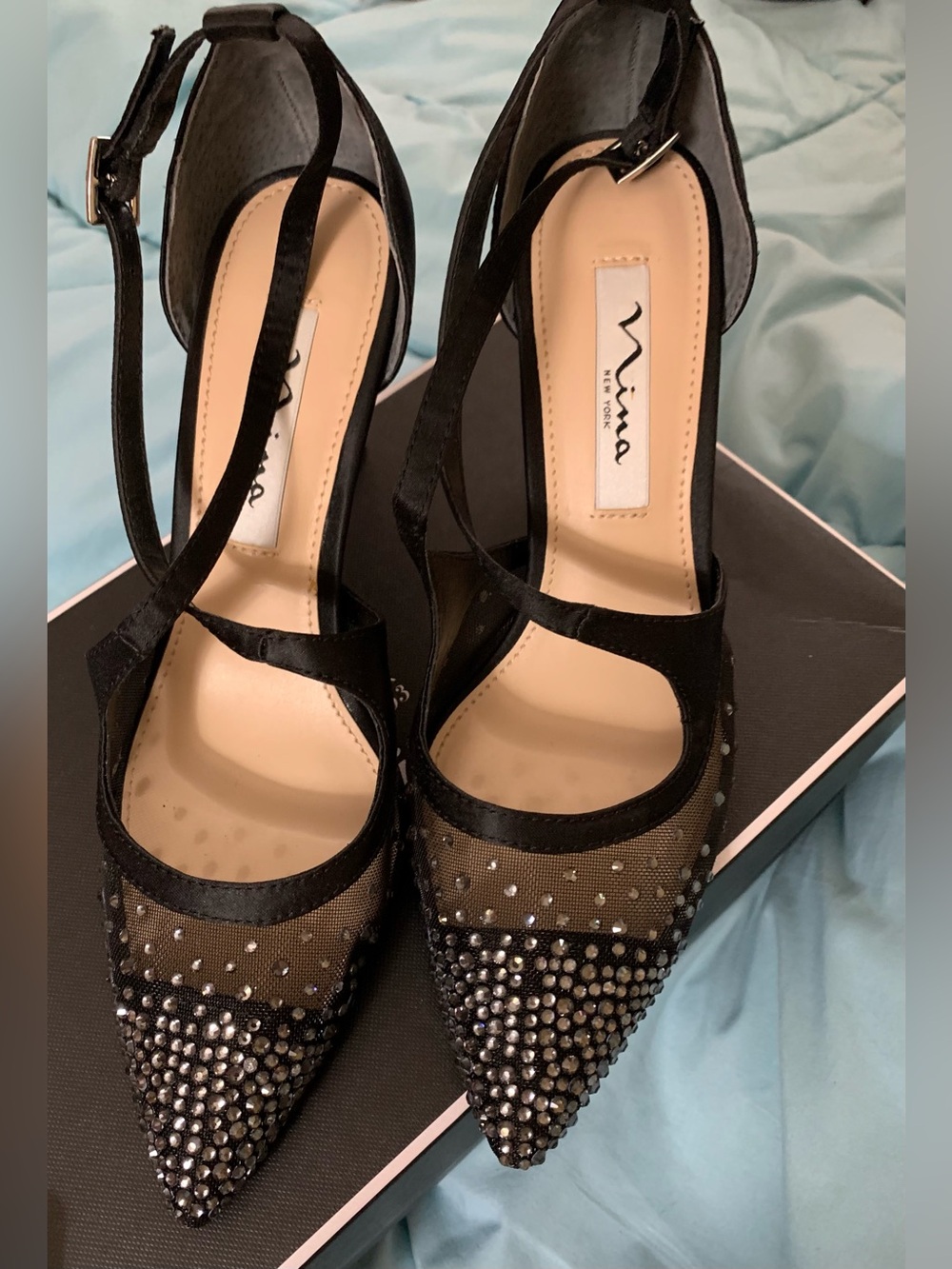 Nina Black Pointed Crystal Mesh Ankle-Strap Heels